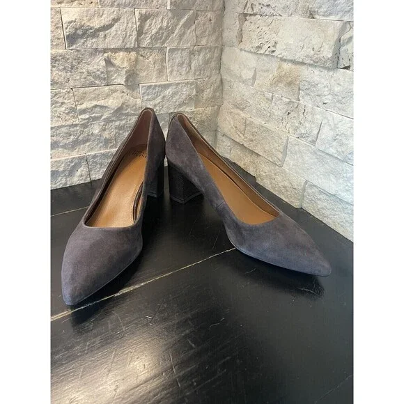 Women's Pointed Toe Block Heel Pumps - Gray Suede - Picture 1 of 9